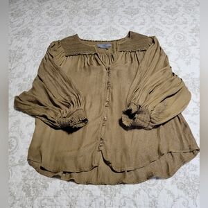 Anthropologie Olive Green Button-Front Peasant Blouse Size Medium